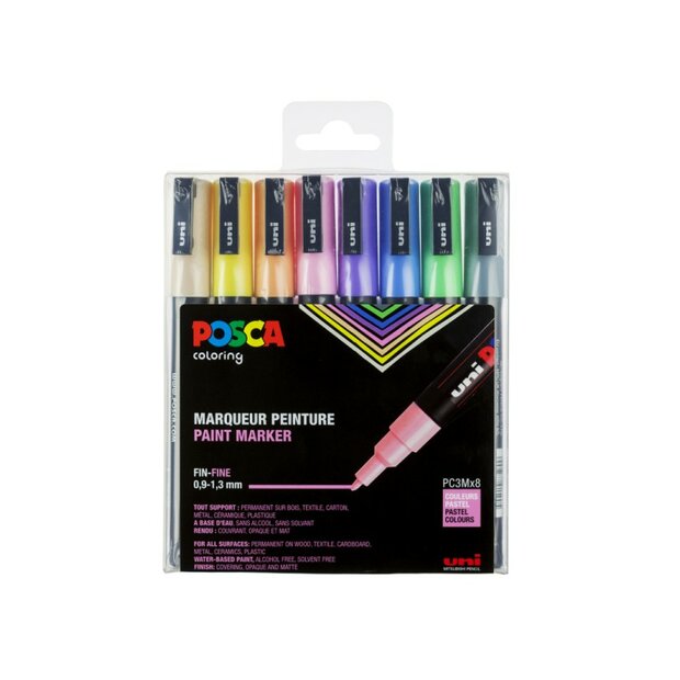 Set van 8 Uni Posca PC-3M verfmarkers in zachte pastelkleuren met fijne punt &ndash; ideaal voor tekenen, handlettering en cre