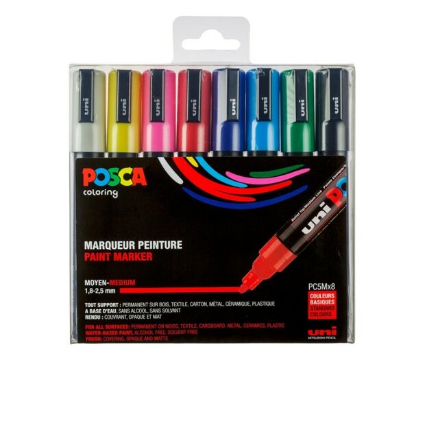 Uni Posca PC-5M set van 8 verfmarkers met medium punt in basiskleuren &ndash; perfect voor creatieve projecten op papier, glas