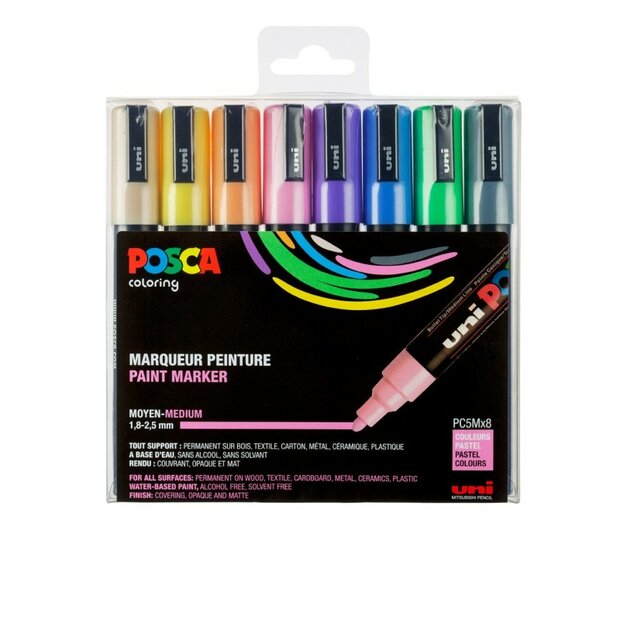 Set van 8 Uni Posca PC-5M markers met medium punt in pastelkleuren &ndash; perfect voor kleuren, tekenen en decoreren op papie