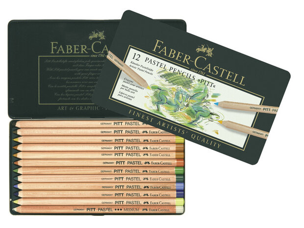 Pastelpotloden metalen etui &agrave; 12 st. Faber-Castell Pitt Assortiment &agrave; 12 stuks.