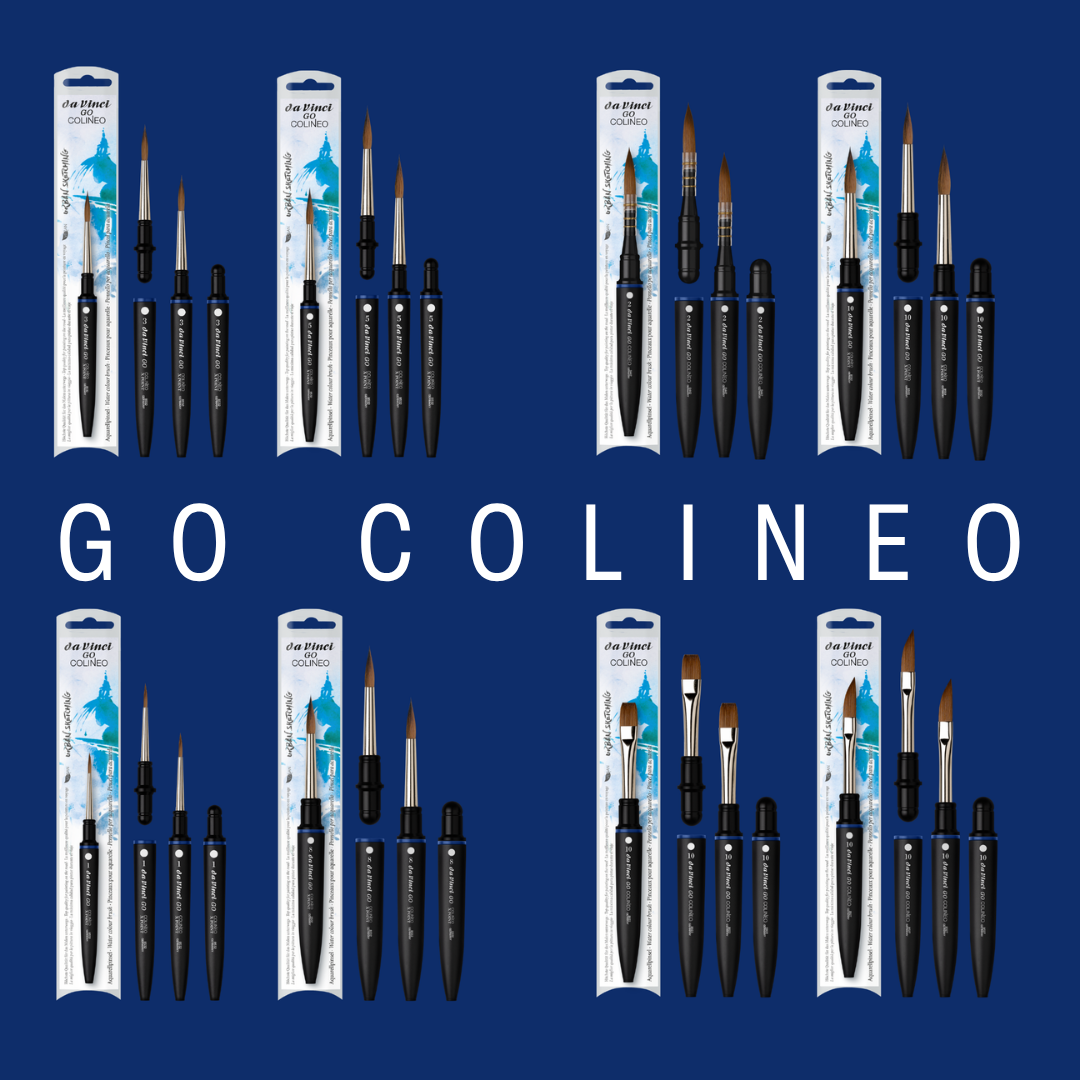 Overzicht van de da Vinci GO COLINEO reispenselen met synthetisch marterhaar. De penselen hebben een zwart handvat en de verpakking toont het 'Urban Sketching' label.