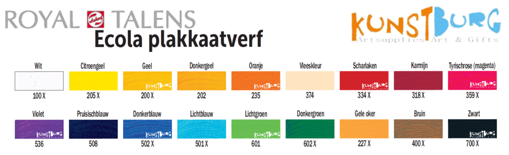 Ecola Plakkaatverf kleurenkaart. Ecola van Royal Talens, te koop bij Kunstburg.