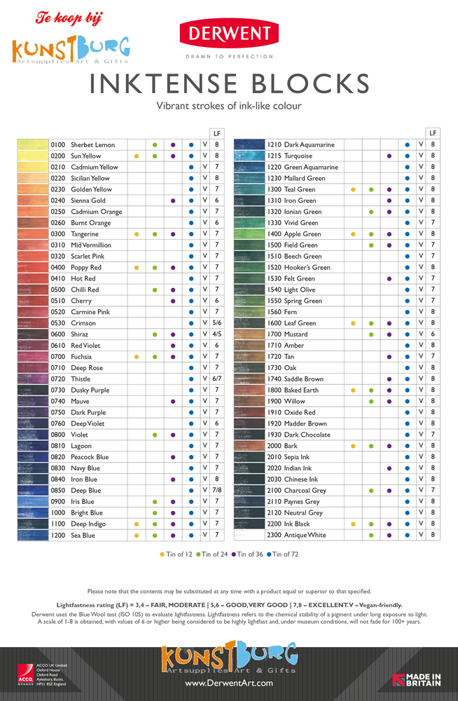 Kleurenkaart van de losse Derwent Inktense blokken. U koopt ze bij Kunstburg.nl uit Doesburg