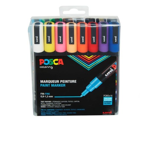 Uni Posca Marker (fijn) set van 16 markers Uitgebreid assortiment PC3M