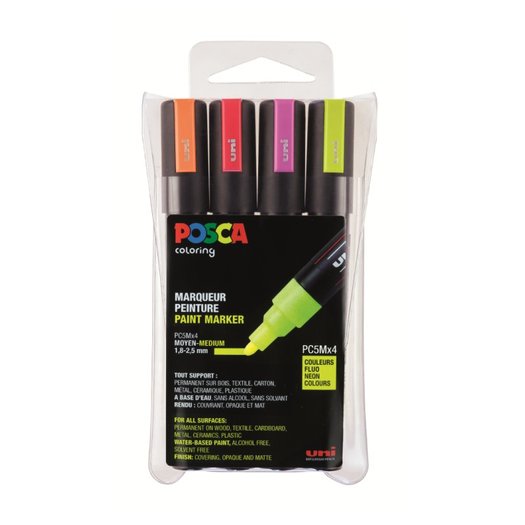 Uni Posca Marker (medium) set van 4 markers Basis Neon kleuren PC5M