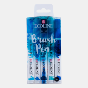 Set van 5 Blauw kleuren Ecoline Brushpennen in kunststof etui van Talens