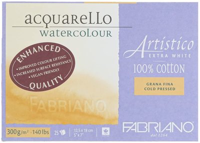 12,5 x 18 cm 25 vellen blok Fabriano Enhanced Aquarel Artistico Extra White Cold Pressed 100 % Cotton