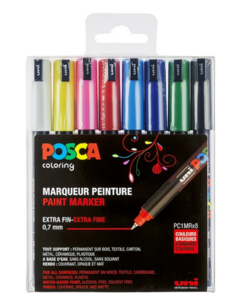 Uni Posca PC-1MR set van 8 verfmarkers in basiskleuren met extra-fijne punt – perfect voor nauwkeurig tekenen en sch