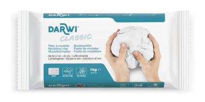 Darwi zelfhardende boetseerklei wit Classic 1 kg in folie, fijne witte klei voor modellen en creatieve projecten