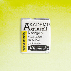 Bovenaanzicht van een in zilverfolie gewikkeld Schmincke AKADEMIE 1/2 napje aquarelverf. Op het witte etiket staat 'Neon