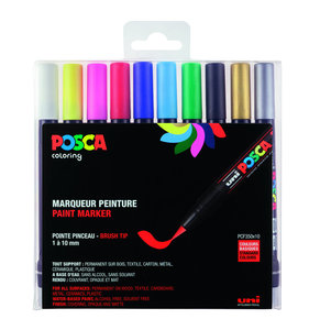 Uni Posca Verfmarker (Brush) set van 10 markers, Uitgebreid assortiment PCF350