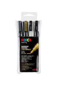 Uni Posca Marker (fijn) set van 4 markers PC-3M Kleuren  Goud - Zilver - Wit - Zwart