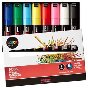 Uni Posca Marker (groot) set van 8 markers Basis Kleuren PC-8K